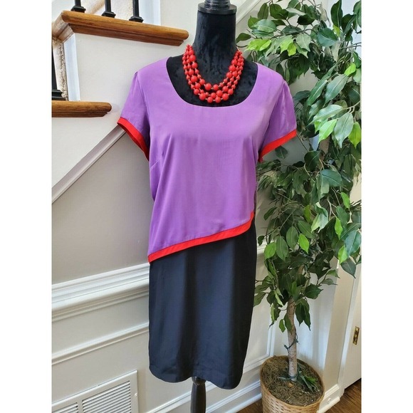 Tiana B Women Purple/Black Polyester ShortSleeve Scoop Neck Knee Length Dress 14 - Picture 1 of 11